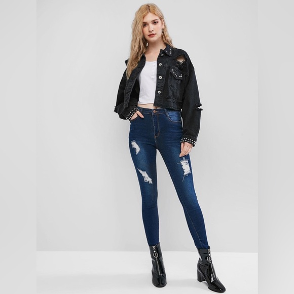 Cropped Black Jean Jacket Denim Distressed Ripped Silver Studded Streetwear Crop - Picture 15 of 16